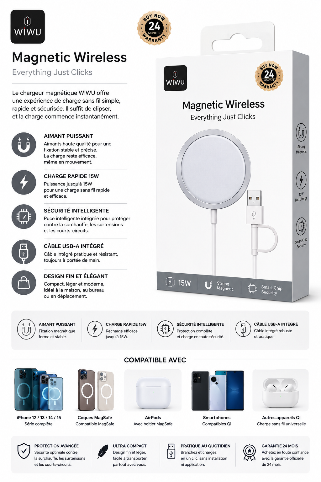Chargeur sans fil magsafe 15 w