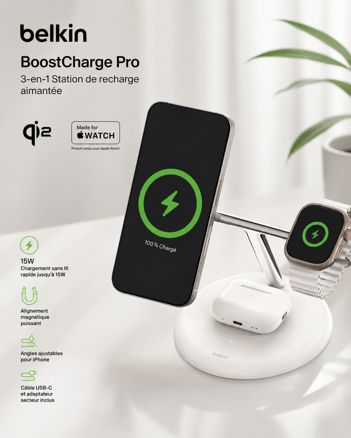 Belkin BoostCharge Pro – Station de recharge magnétique 3-en-1 Qi2 (15 W)